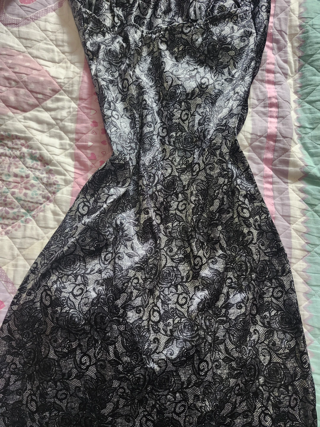 Alternative Black and Silver Floral Patterned Slip Dress