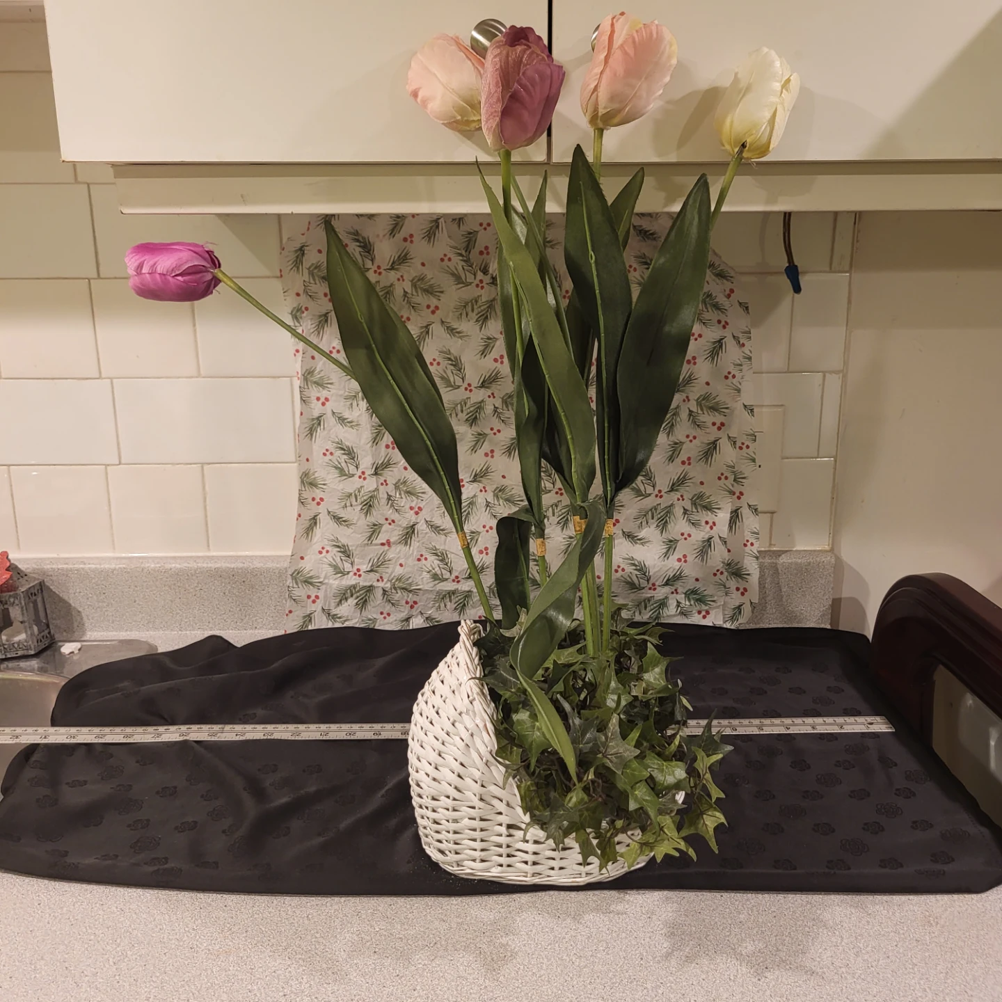 Artificial Tulip Arrangement in White Basket