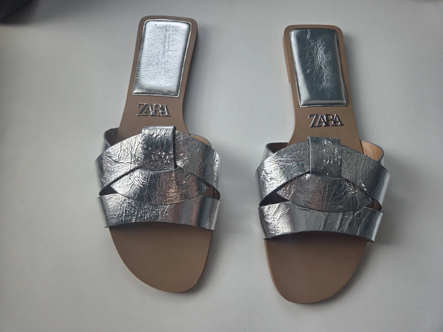 Zara Flat Criss-Cross Metallic Leather Slider Sandals