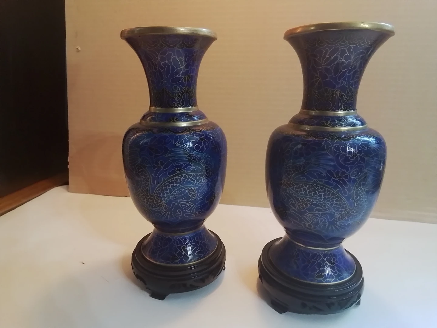 Pair of Blue Cloisonné Vases with Dragon Design