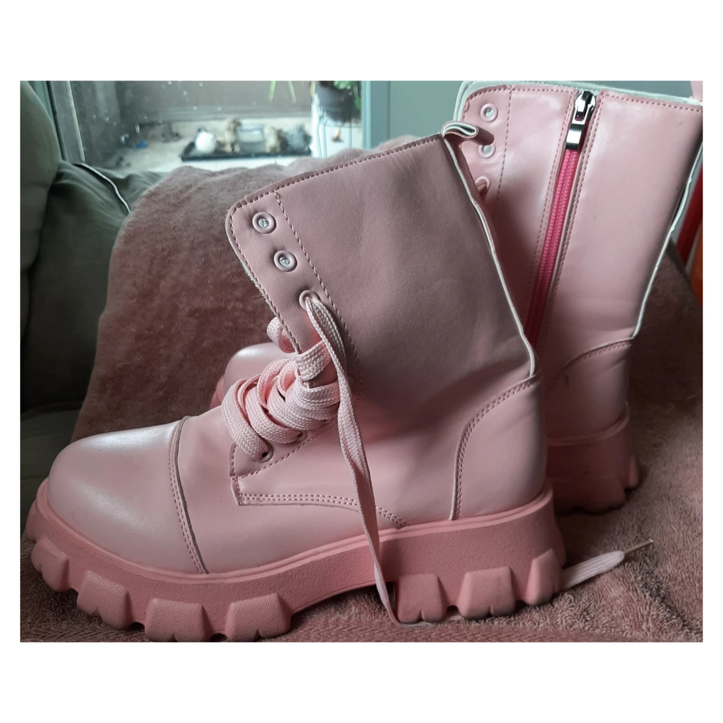Pink Lace-Up Combat Boots with Side Zippers - photo 3