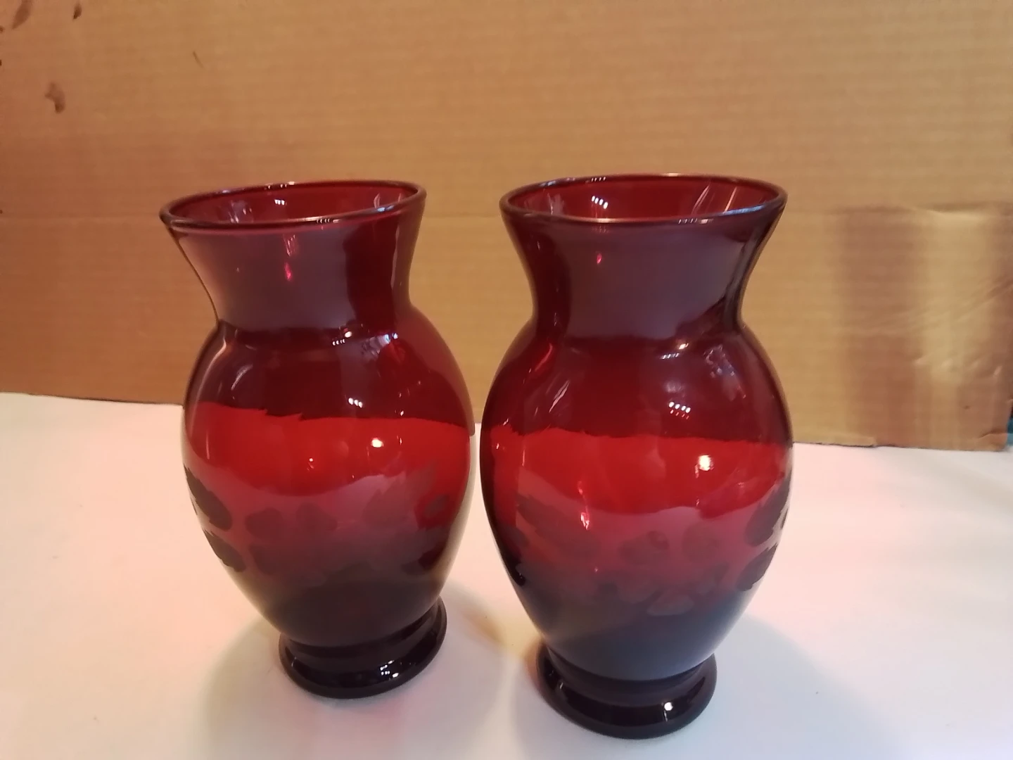 Vintage Anchor Hocking Royal Ruby Red Etched Floral Glass Vases
