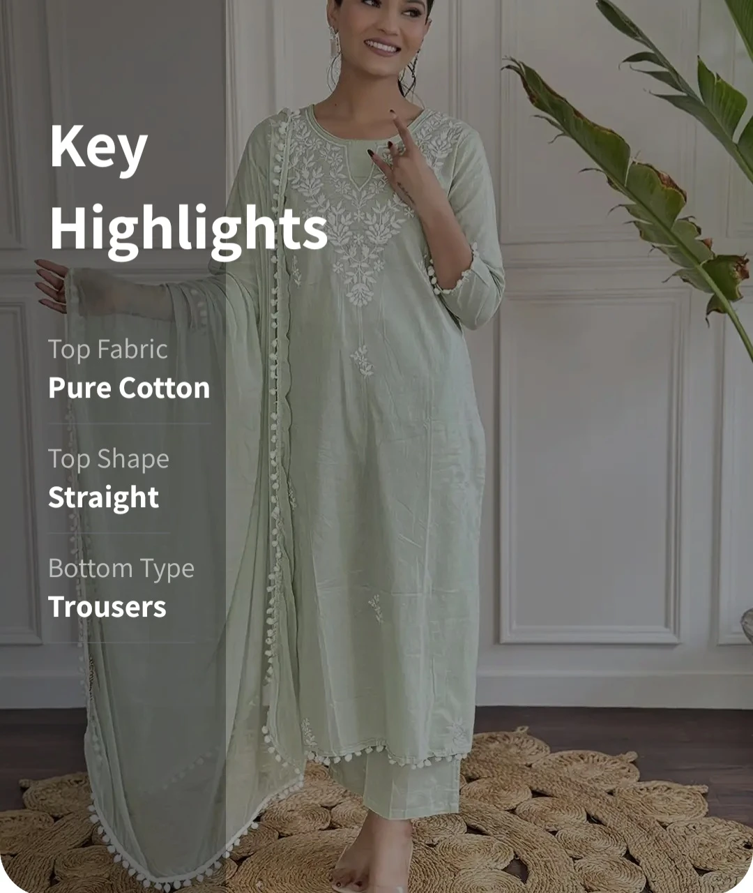 Light Green Cotton Kurti and Trousers Set - photo 5