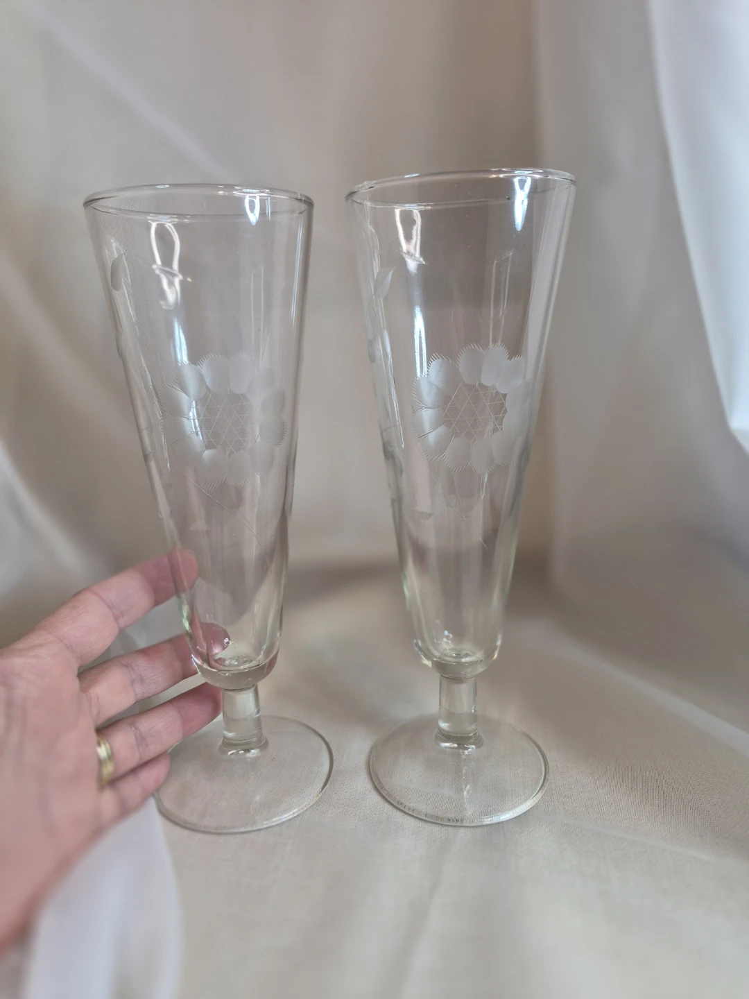 Pair of Crystal Glass 8 1/2" Etched Cornflower Glasses