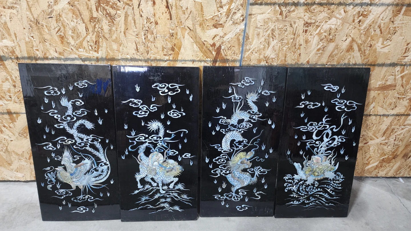 Set of 4 Black Lacquer Wall Panels with Mother of Pearl Inlay