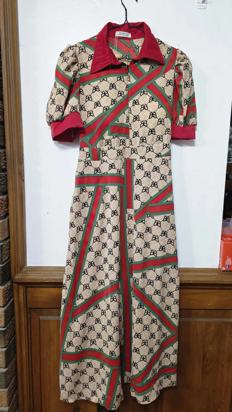 Women's Print Dress with Red Collar and Cuffs