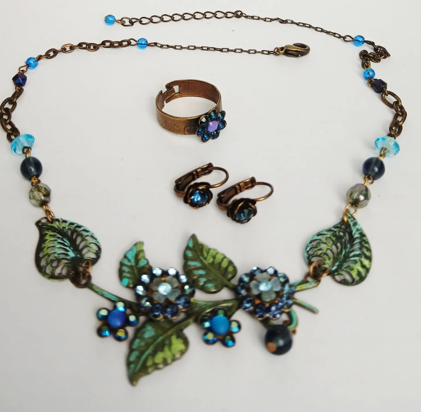 Blue Floral Necklace, Ring, and Earrings Set - photo 3