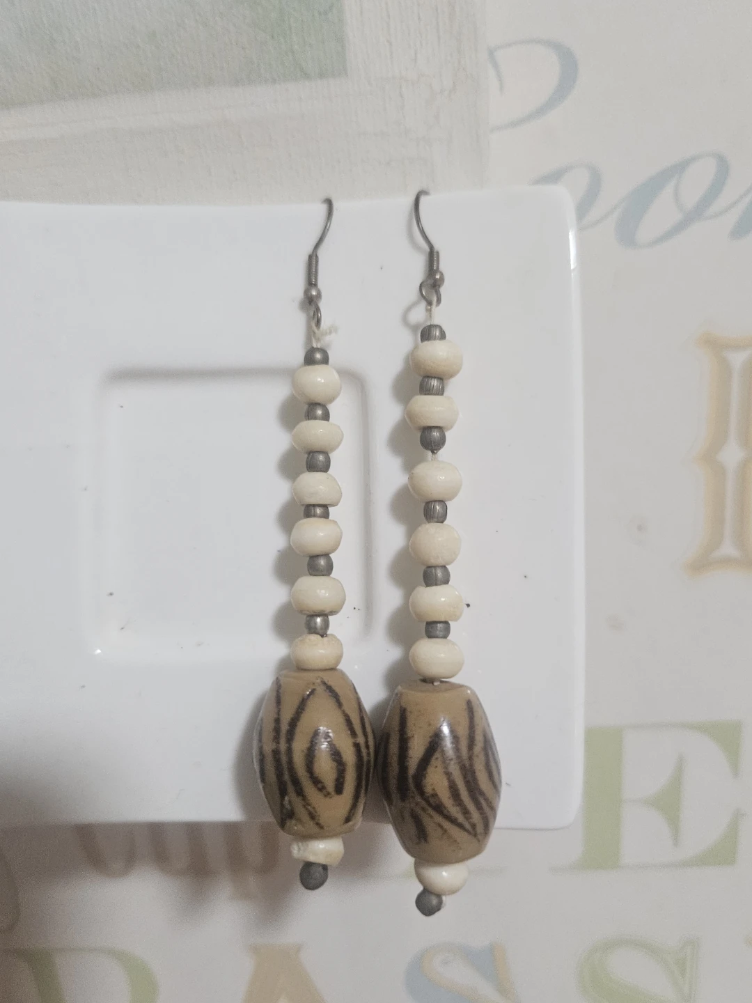 VTG  CARVED bovine bone Beaded Dangle Earrings