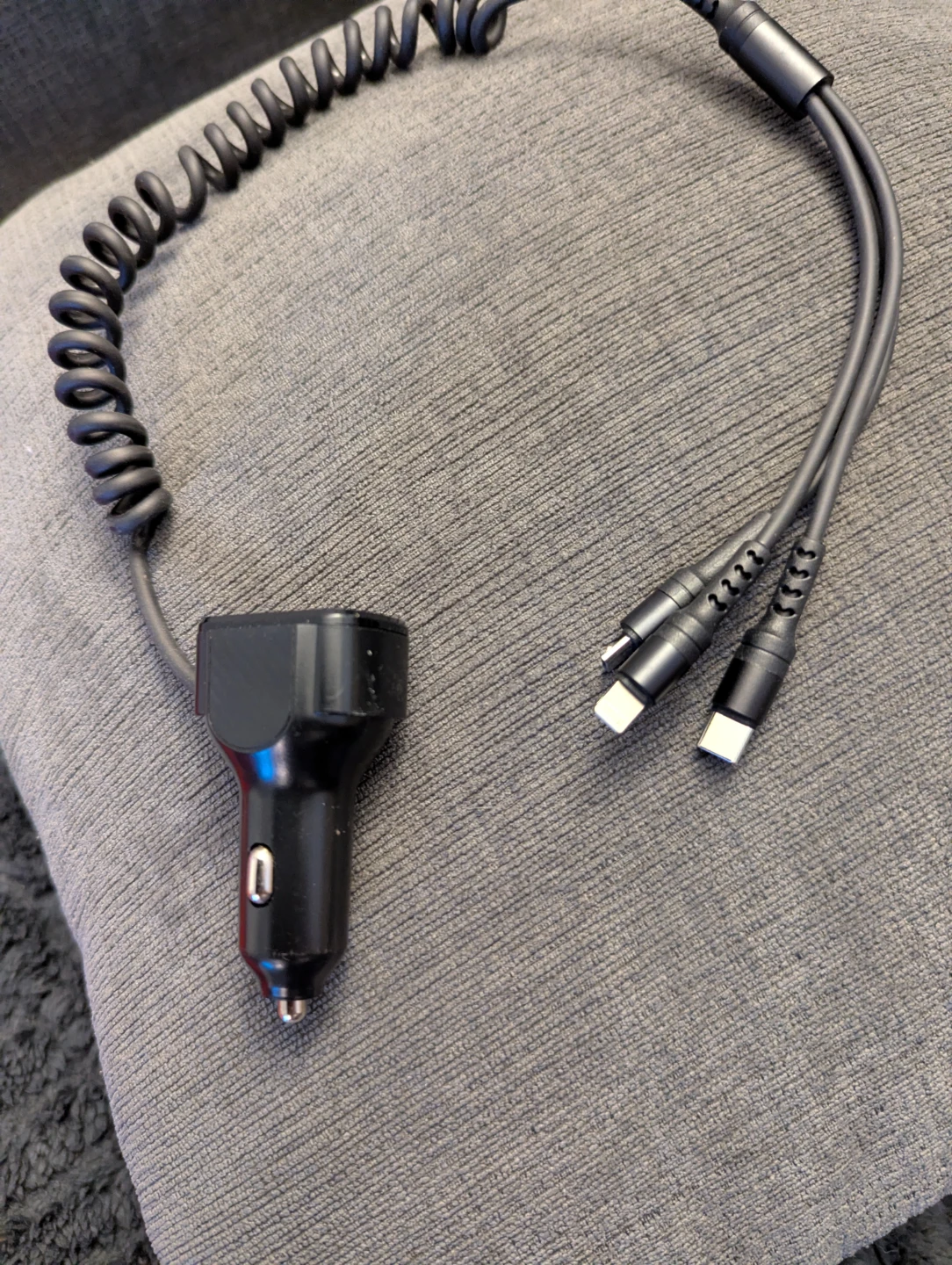 Black Car Charger with Coiled Multi-Charging Cable