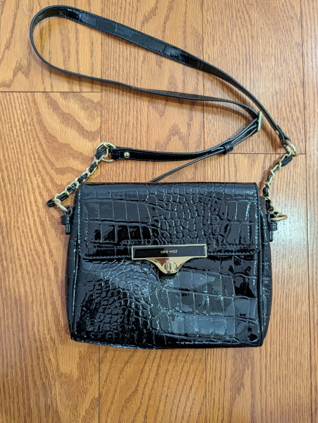 Nine West Black Patent Crocodile Crossbody Bag