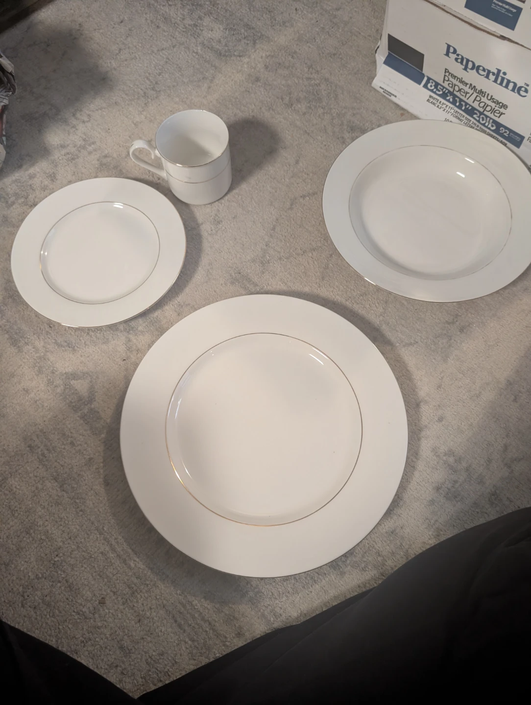 White Dinnerware Set with Gold Trim