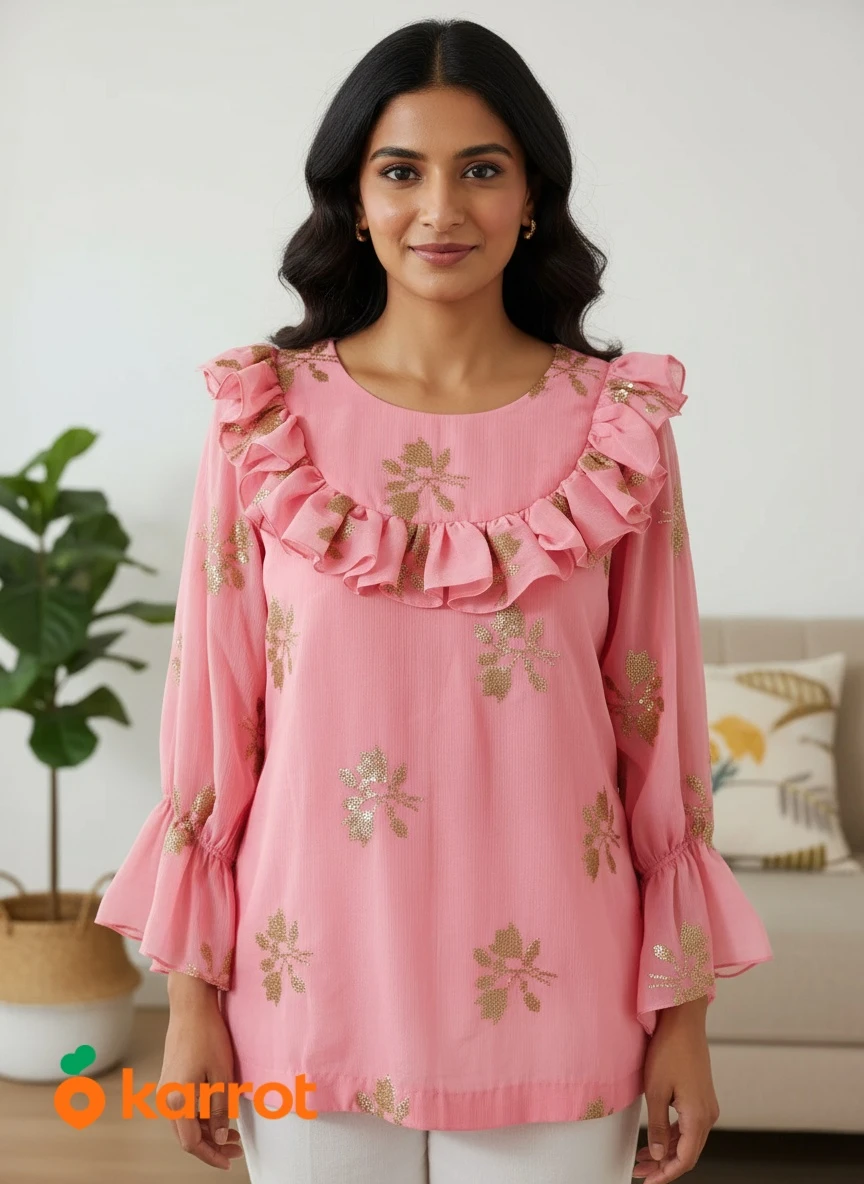 Pink sequined floral tunic top - photo 3