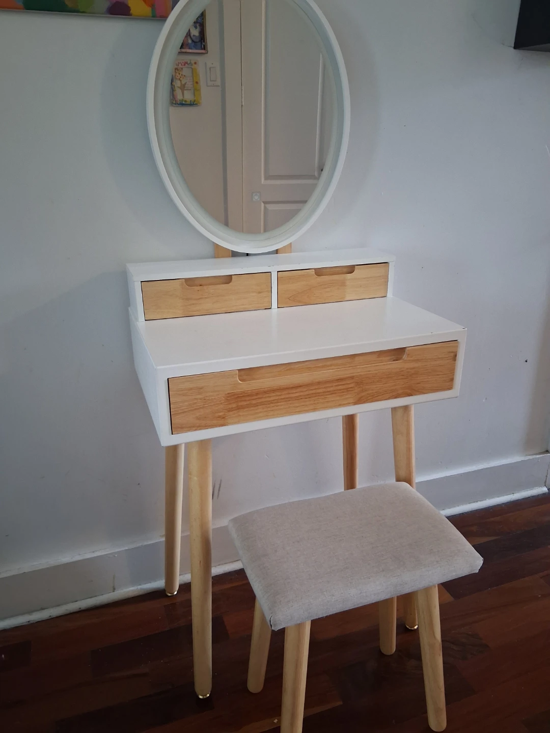 White Vanity Desk with Mirror and Stool