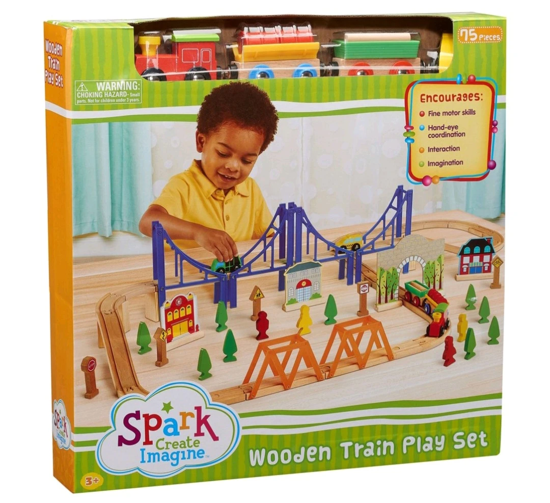 75 pcs Kids' Wooden Train double sided Railway play Set - photo 3