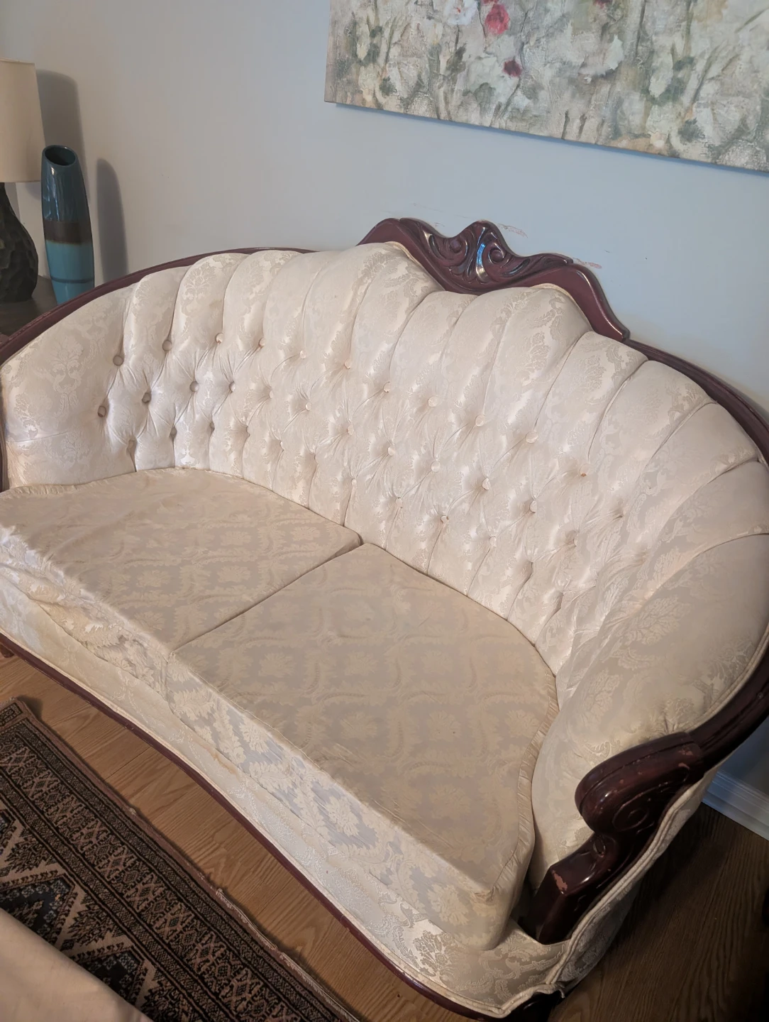 Cream Damask Sofa with Wood Trim