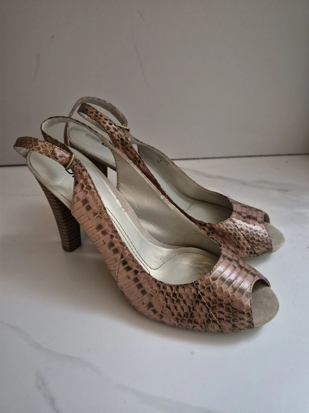 DKNYC Anastasia Snake Embossed Truffle Leather Heels