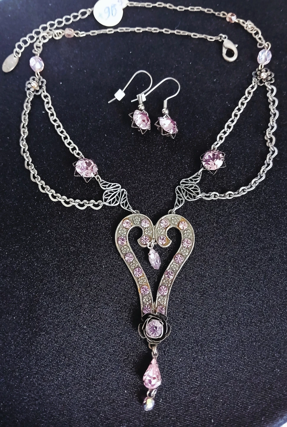 Silver-tone Heart Necklace and Earring Set with Pink Crystals - photo 2