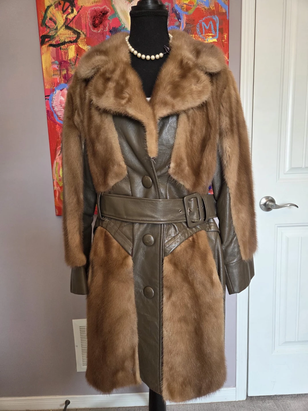 Vintage 1970s mink panel leather trench