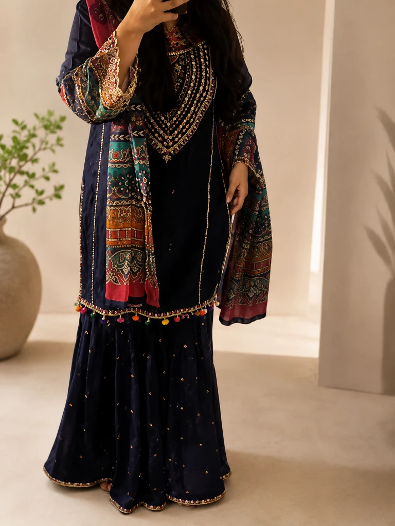 Attire 3-Piece Embroidered Gharara suit