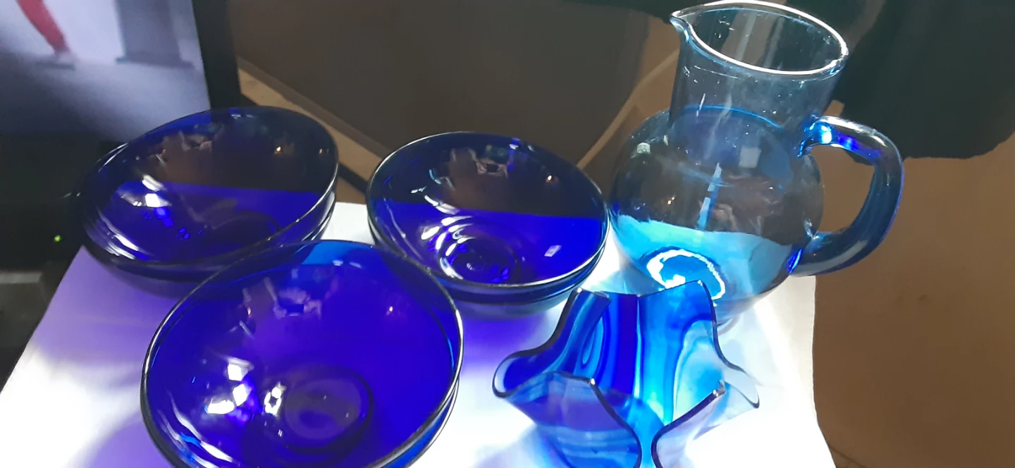 Blue Glass Pitcher and Bowls Set