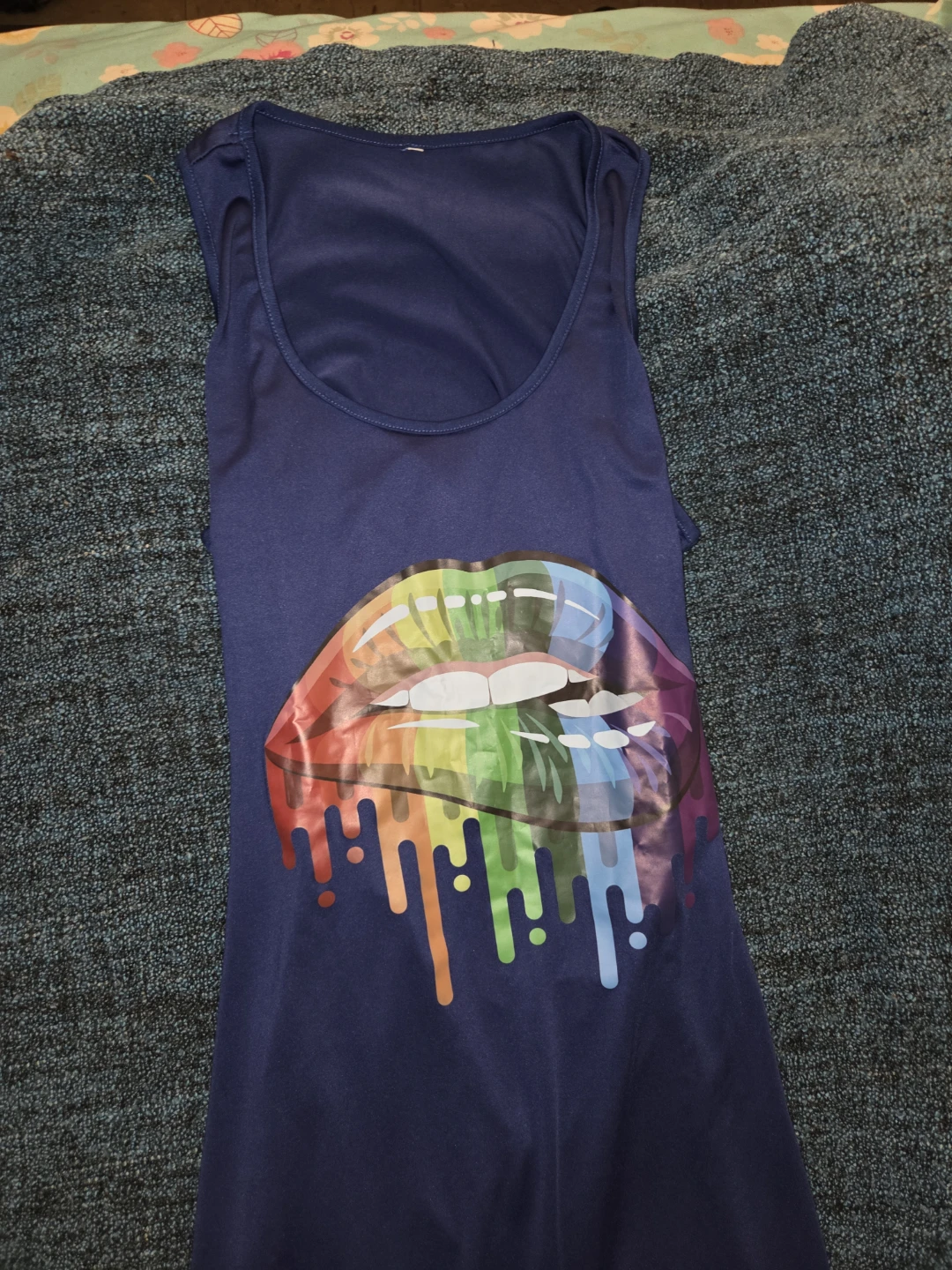 Blue Tank Dress with Rainbow Lips Graphic