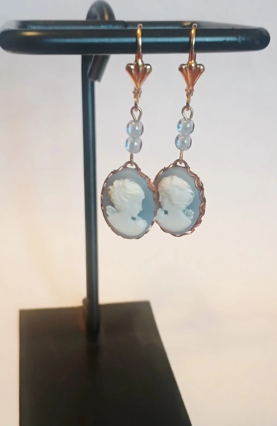 Cameo Earrings with Blue Beads