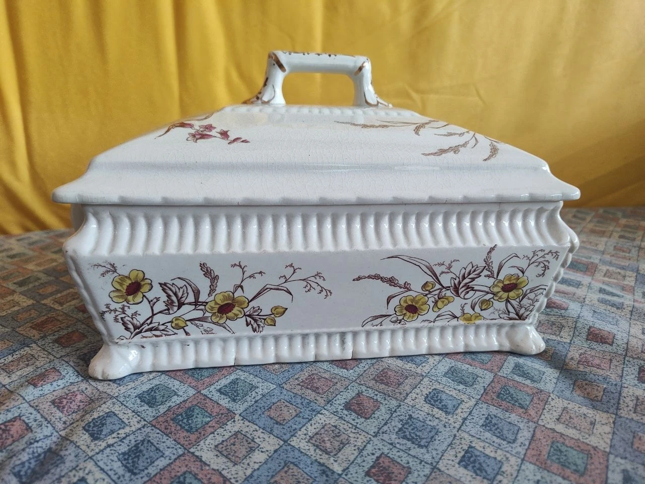 Antique Brown Transferware Covered Vegetable Tureen