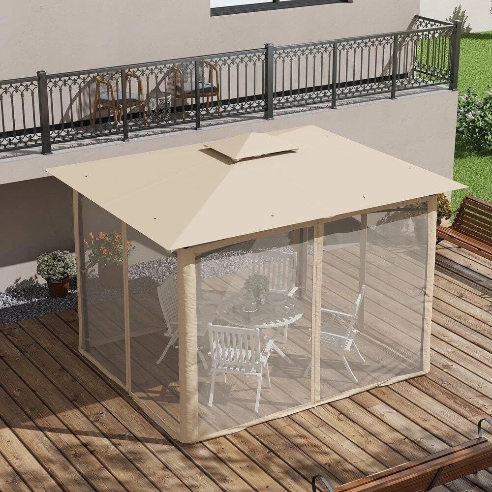 Beige Gazebo Canopy with Netting and Curtains - photo 3