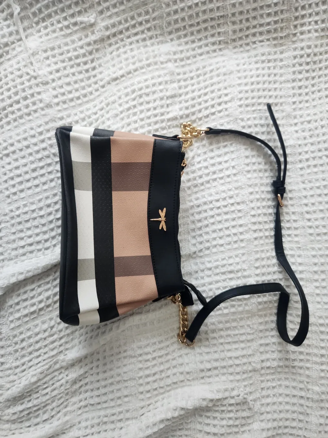 Black & Plaid Crossbody Bag with Dragonfly Detail