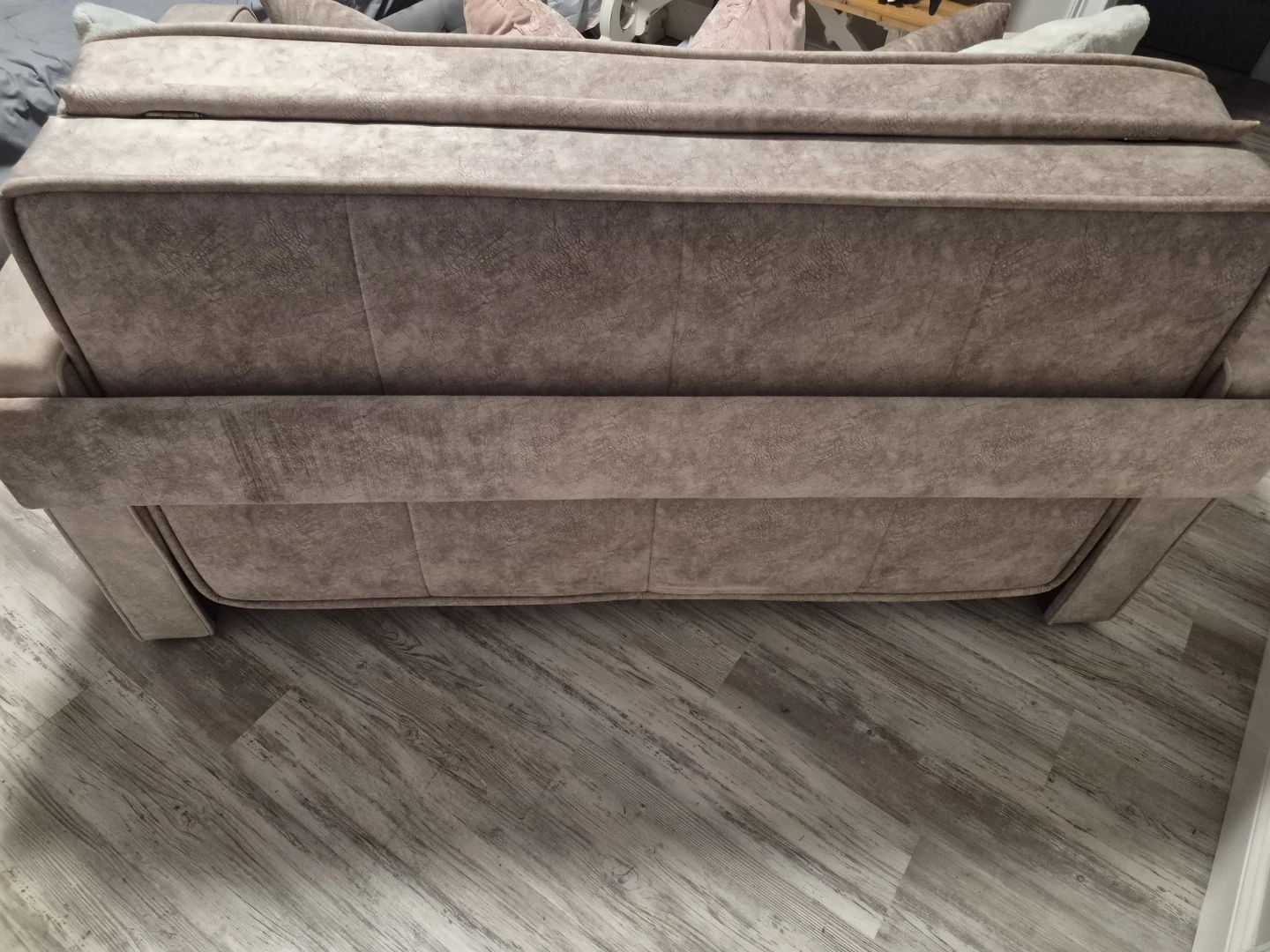 Taupe Loveseat Sofa with Throw Pillows