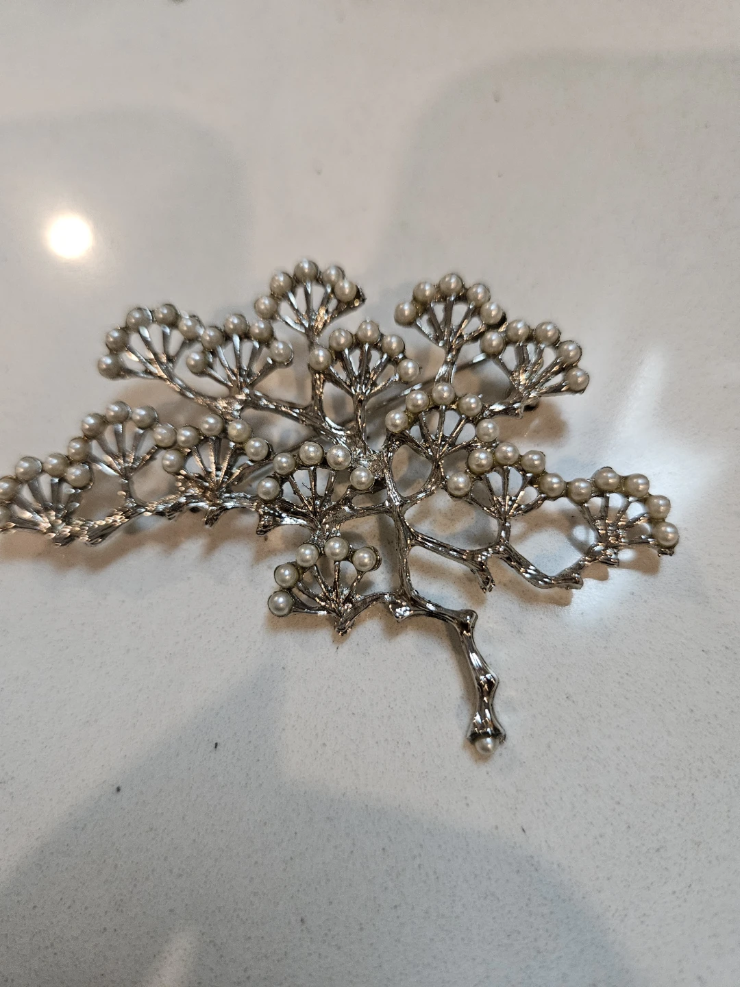 Silver Tone Brooch with Faux Pearls