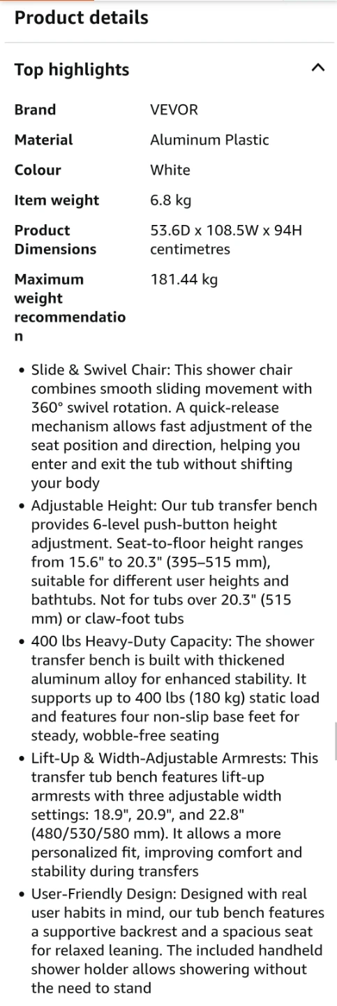 NEW- VEVOR Sliding Shower Bench - photo 4