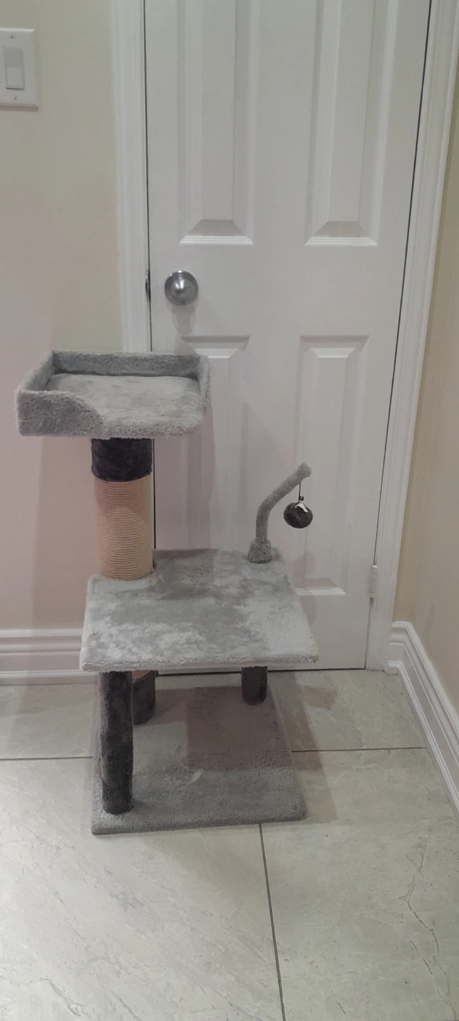 Grey Cat Tree Condo with Dangling Toy