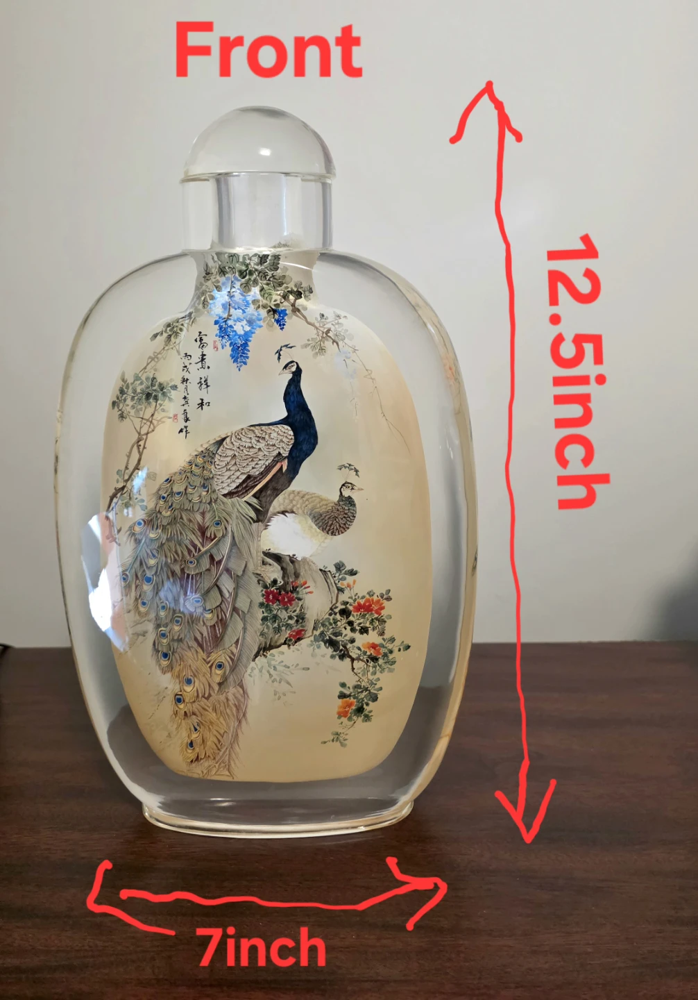 Glass Snuff Bottle with Peacock Design