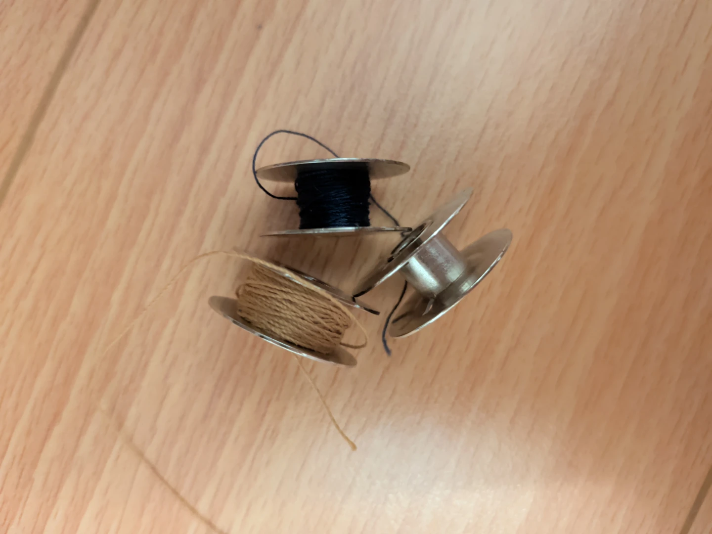 3 Metal Sewing Machine Bobbins with Thread