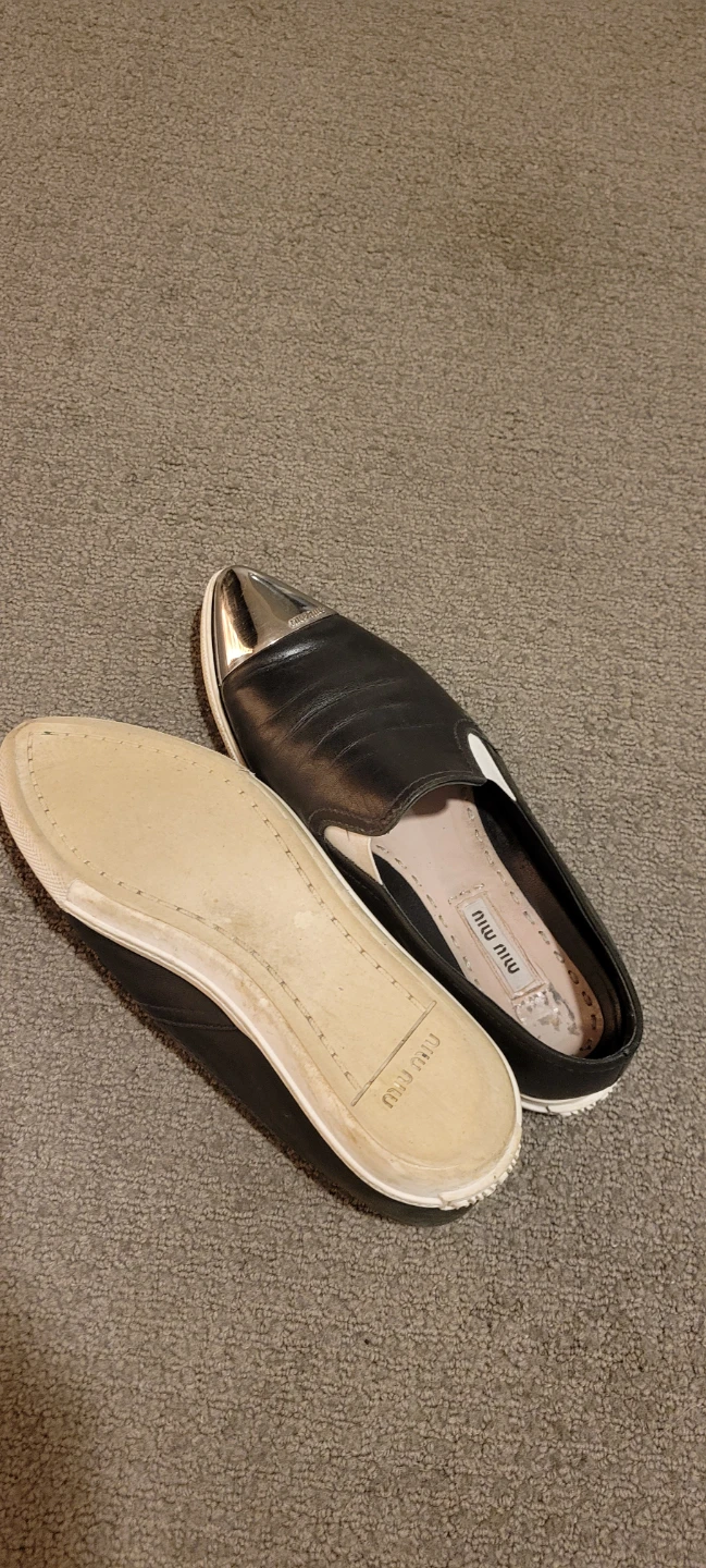 Miu Miu Black Leather Silver Cap Toe Slip-On Shoes - photo 3