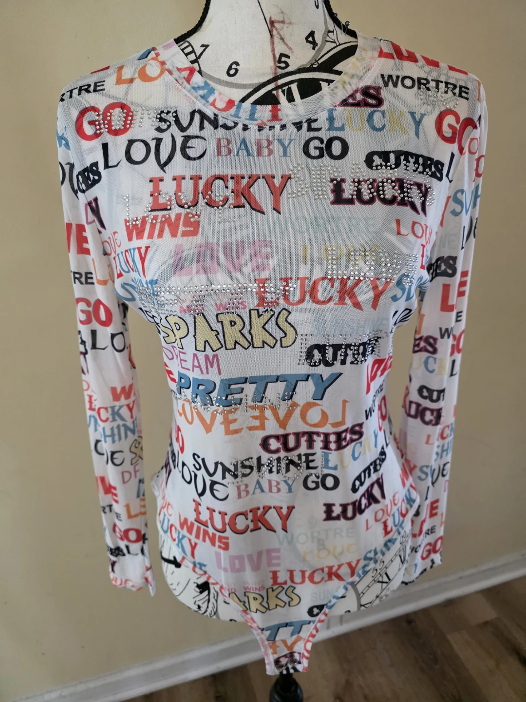 Womens Mesh Bodysuit White "Lucky" Graphic Print - photo 2