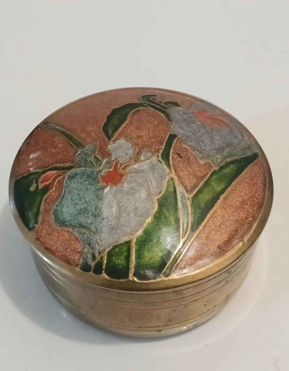 Vtg Handmade Enamel Brass Trinket Box