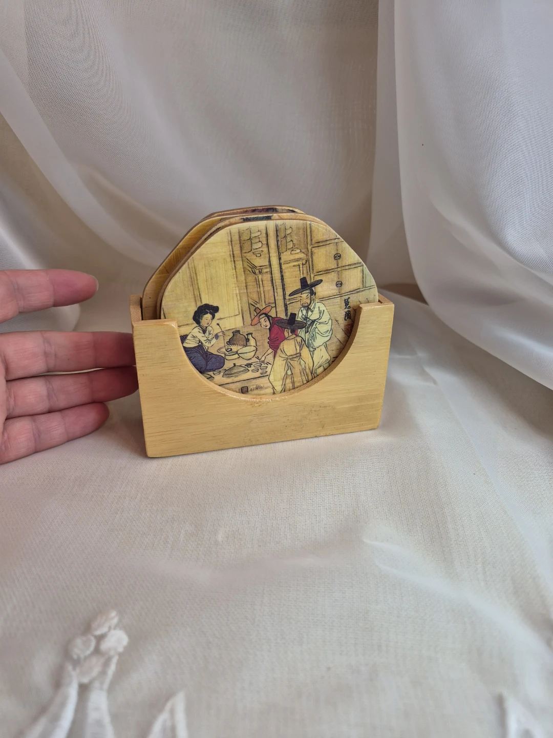 Set 6 Vintage Bamboo Coasters And Holder Asian Village DECOR