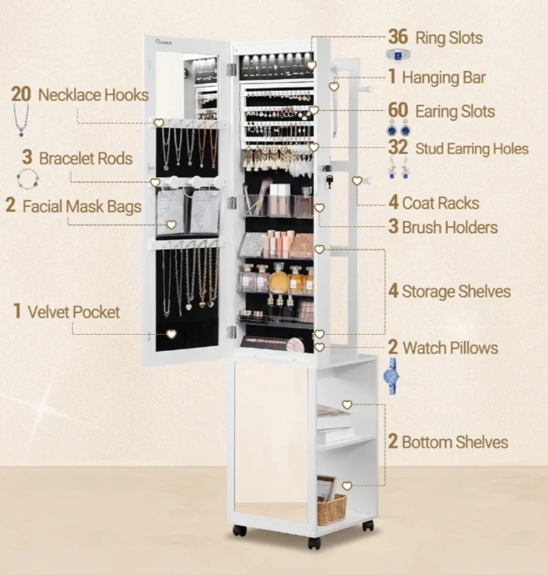 White Mirrored Jewelry Cabinet with LED Lights and Storage - photo 3