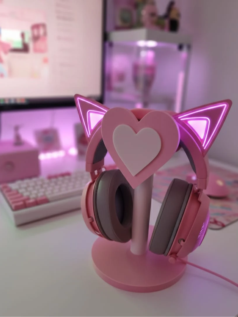 Pink Heart Cat Ear Headphone Stand