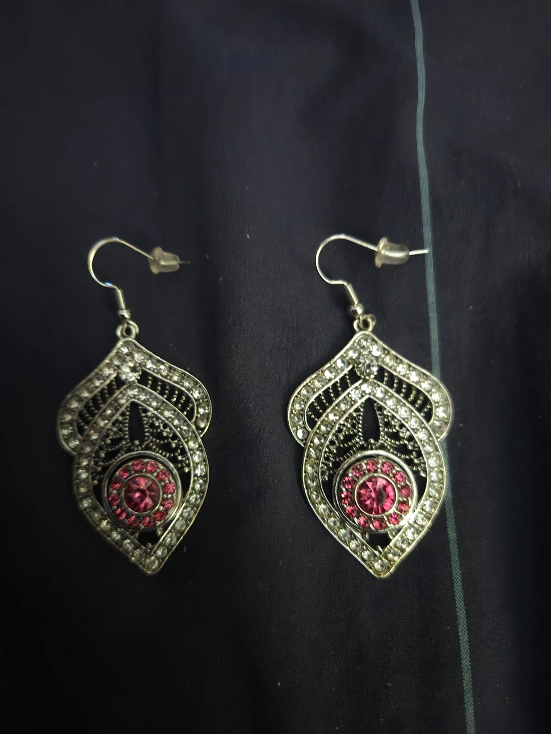 Silver-tone Drop Earrings with Pink Jewels