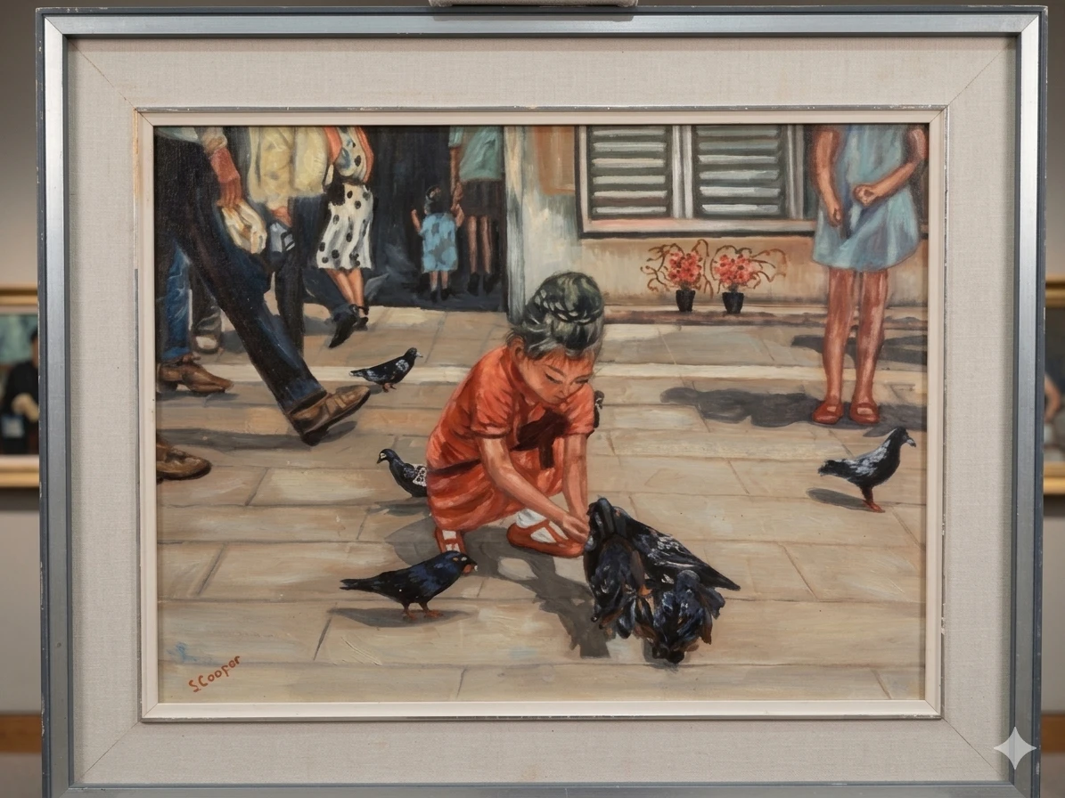 Painting by S. Cooper, Girl Feeding Pigeons