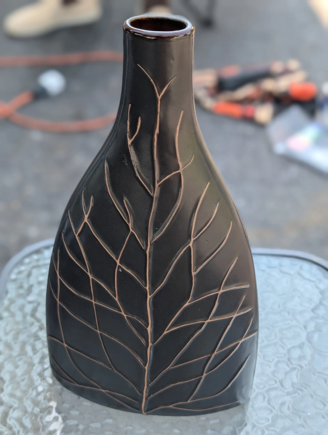 Brown decorative vase with leaf pattern - photo 2