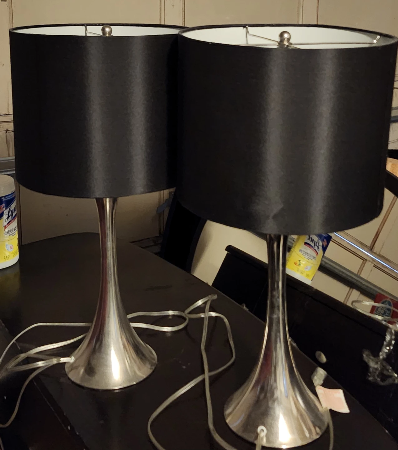 Pair of brushed nickel lamps with black shadesShade Table Lamps - photo 3