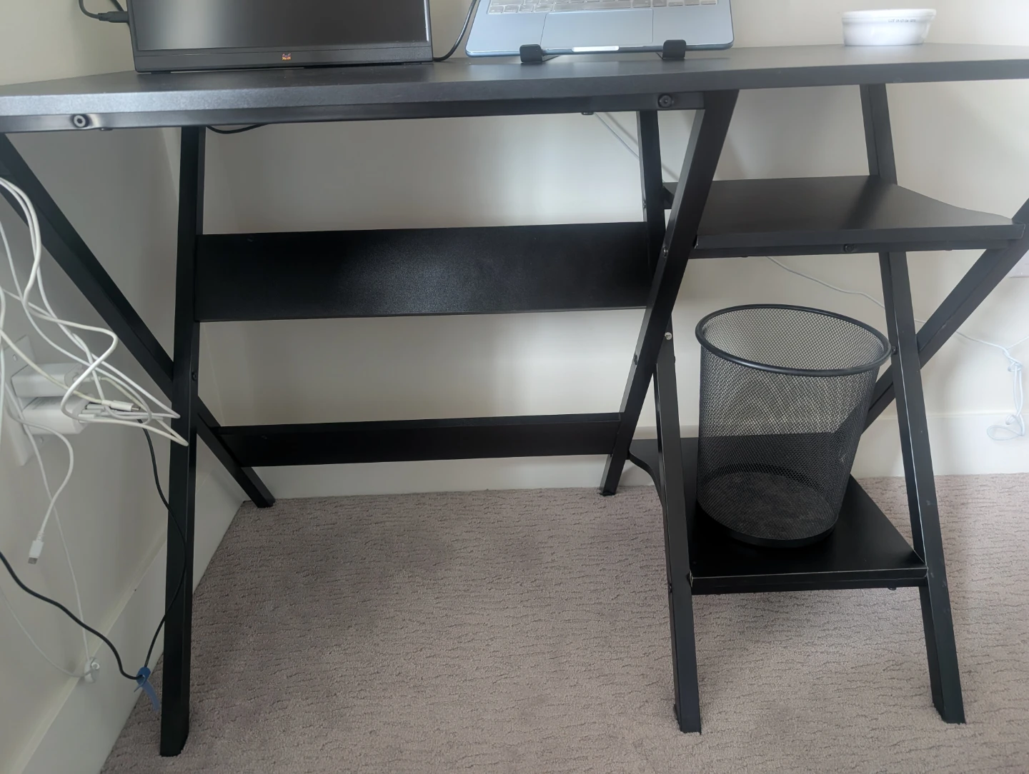Black Metal Foldable Computer Desk with Storage Shelf + Bin - photo 2
