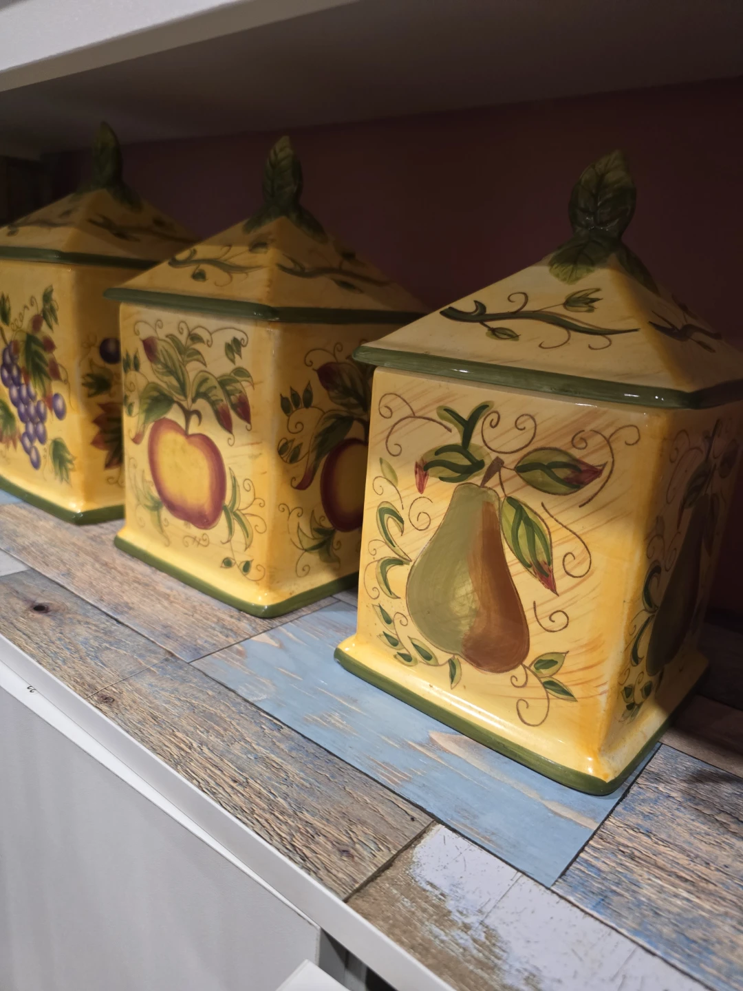 Set of 3 Yellow Ceramic Canisters with Fruit Design