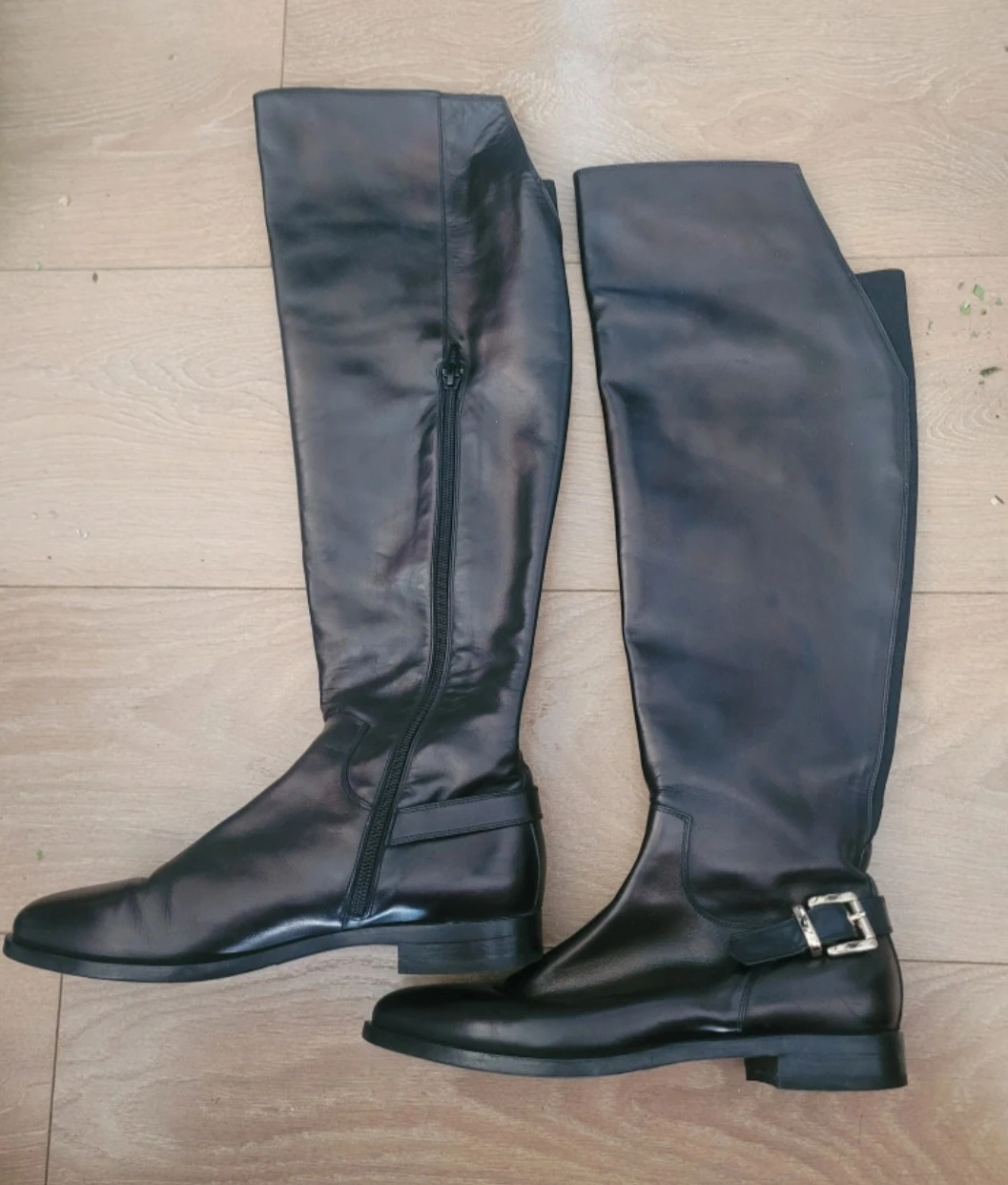 Black Leather Knee-High Boots with Buckle Detail