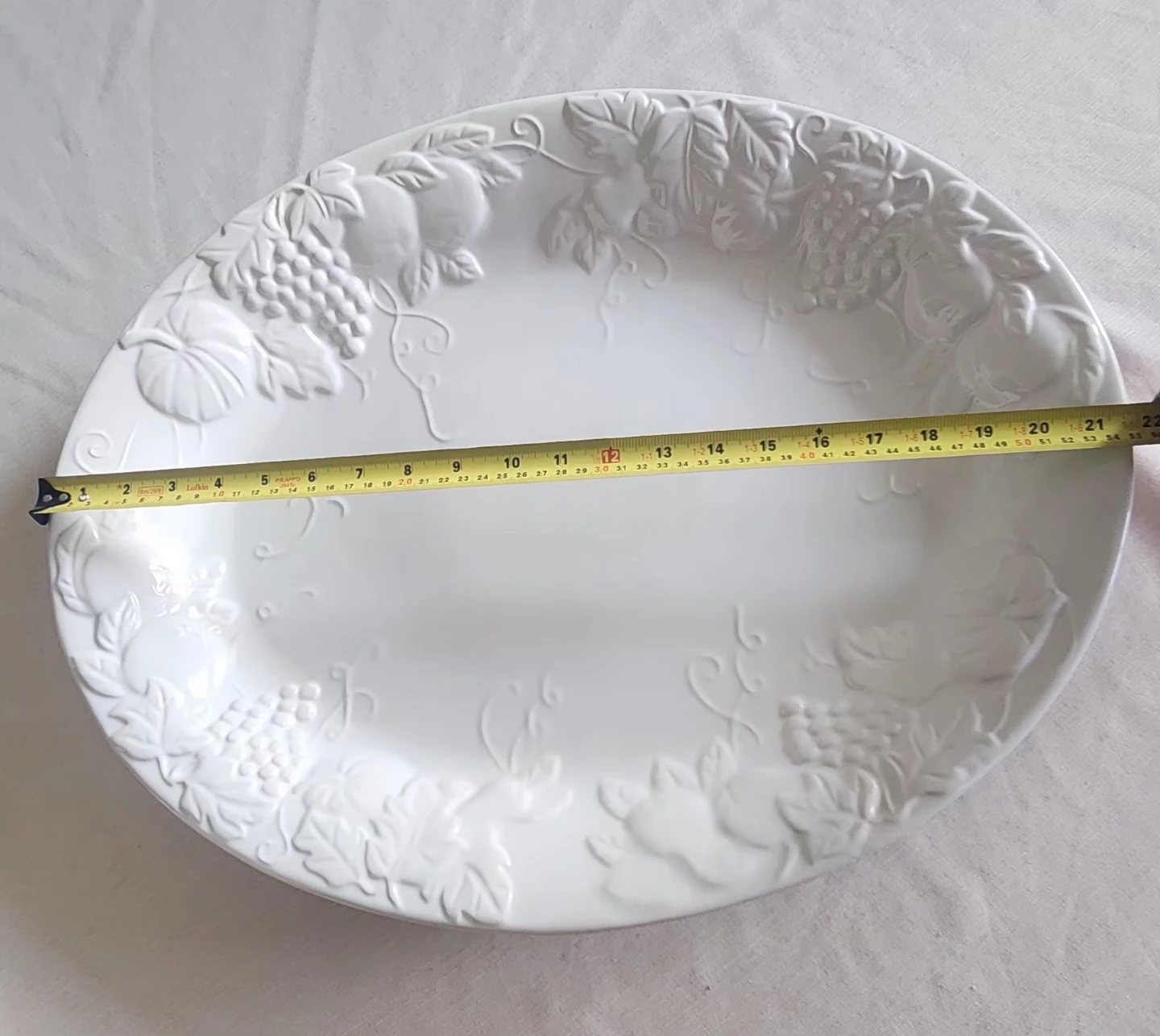 White Oval Platter with Embossed Grapes and Fruit Design