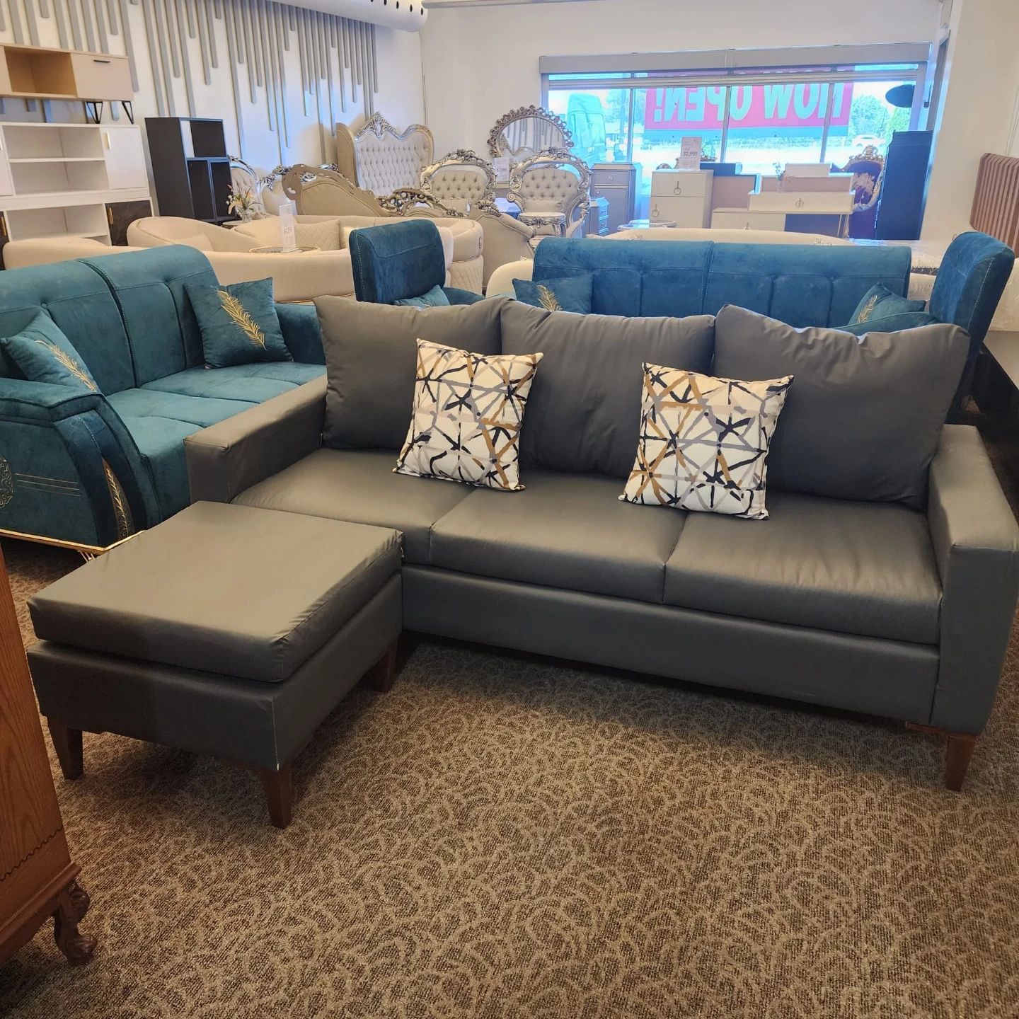 Dark Grey Sectional Sofa with Ottoman